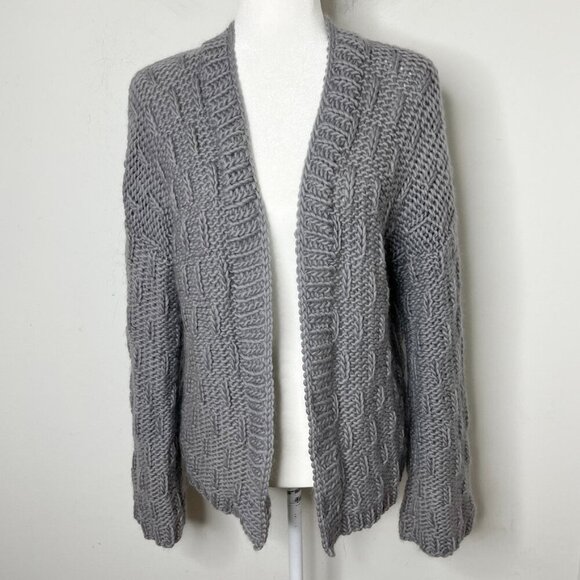 Handmade Women's Cardigan Sweater L Gray Open Front Bell Long Sleeve Chunky Knit - Picture 2 of 5